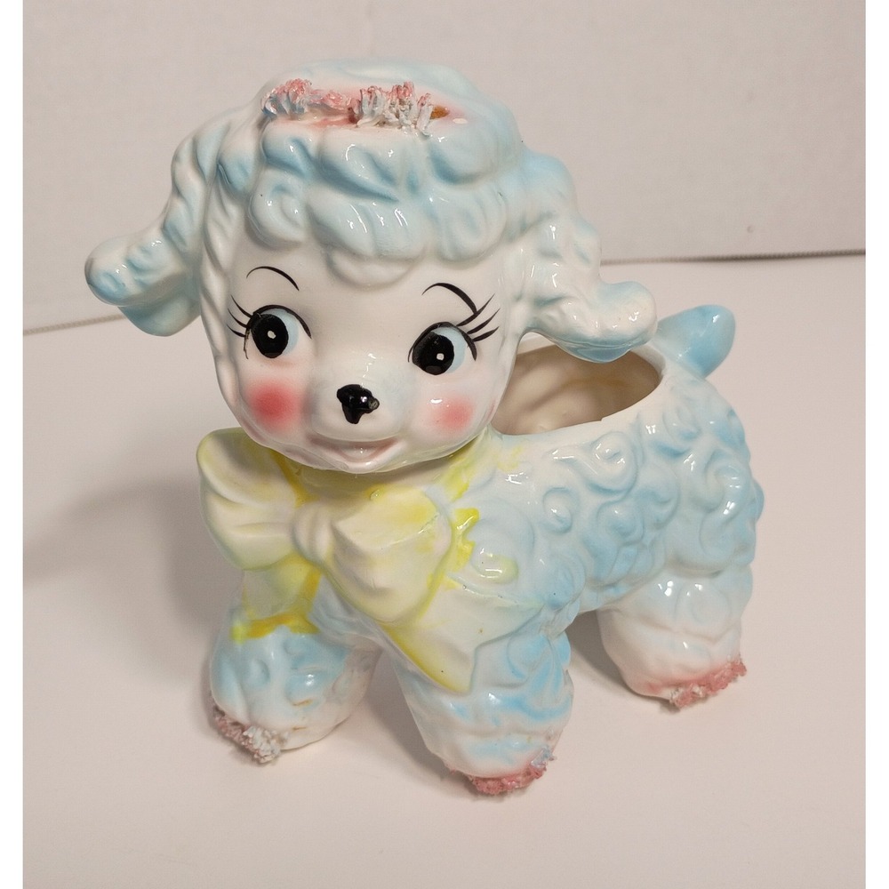 Vtg 1961 Relpo Lamb Planter Blue Spaghetti Trim Samson Import Japan Kitsch MCM